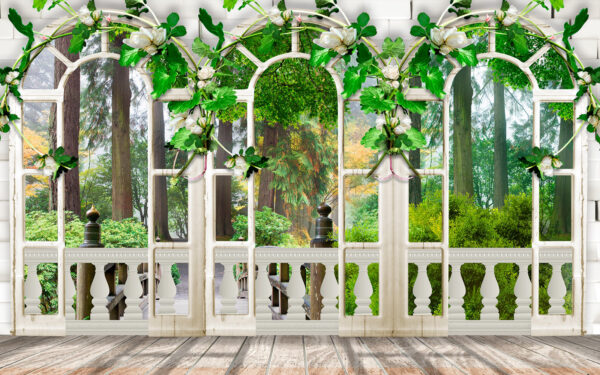 Porta branca com flores brancas e folhas verdes Porta branca com flores brancas e folhas verdes