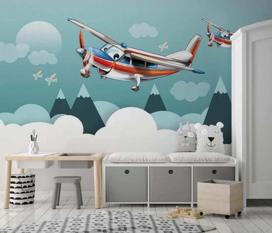 Aviões em desenho animado a voar no céu