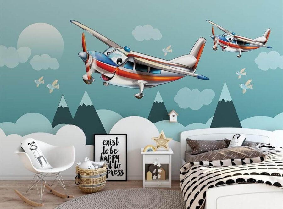 Aviões em desenho animado a voar no céu