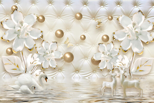 Papel de parede com flores brancas e cisnes Papel de parede com flores brancas e cisnes