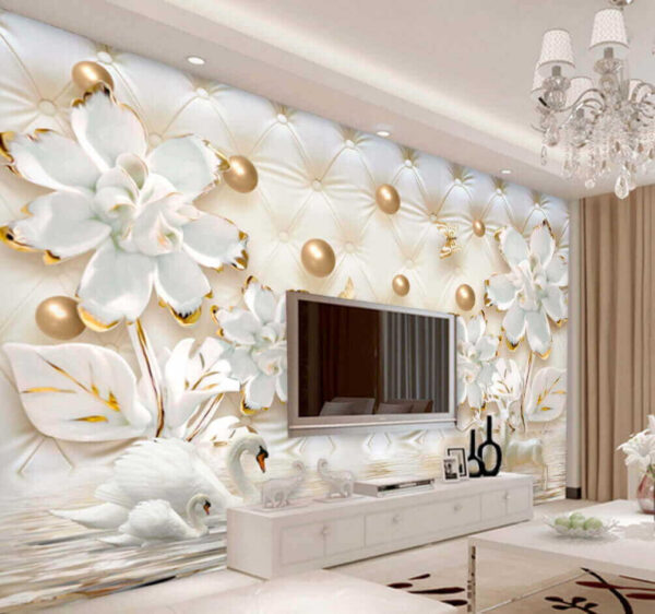 Papel de parede com flores brancas e cisnes Papel de parede com flores brancas e cisnes