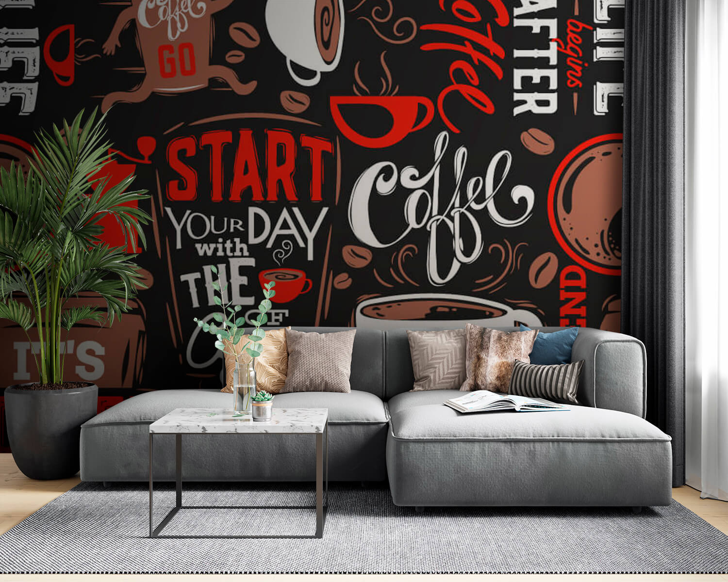 u03080pig53m - Padrão de chávenas de café e grãos de café - tegory