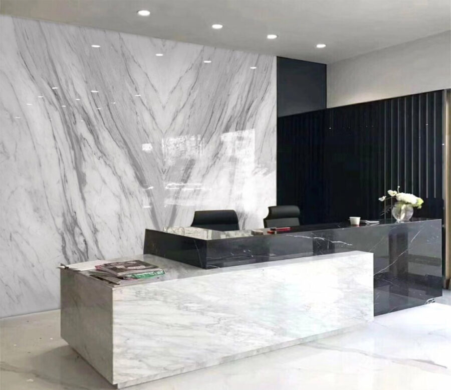 Superfície de mármore branco com veios pretos