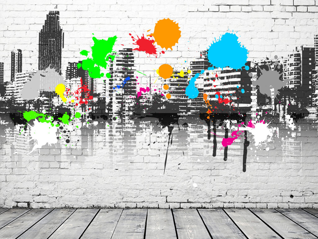 Parede de tijolo branco com salpicos de tinta colorida Parede de tijolo branco com salpicos de tinta colorida