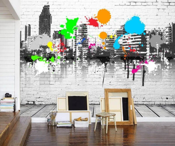 Parede de tijolo branco com salpicos de tinta colorida Parede de tijolo branco com salpicos de tinta colorida
