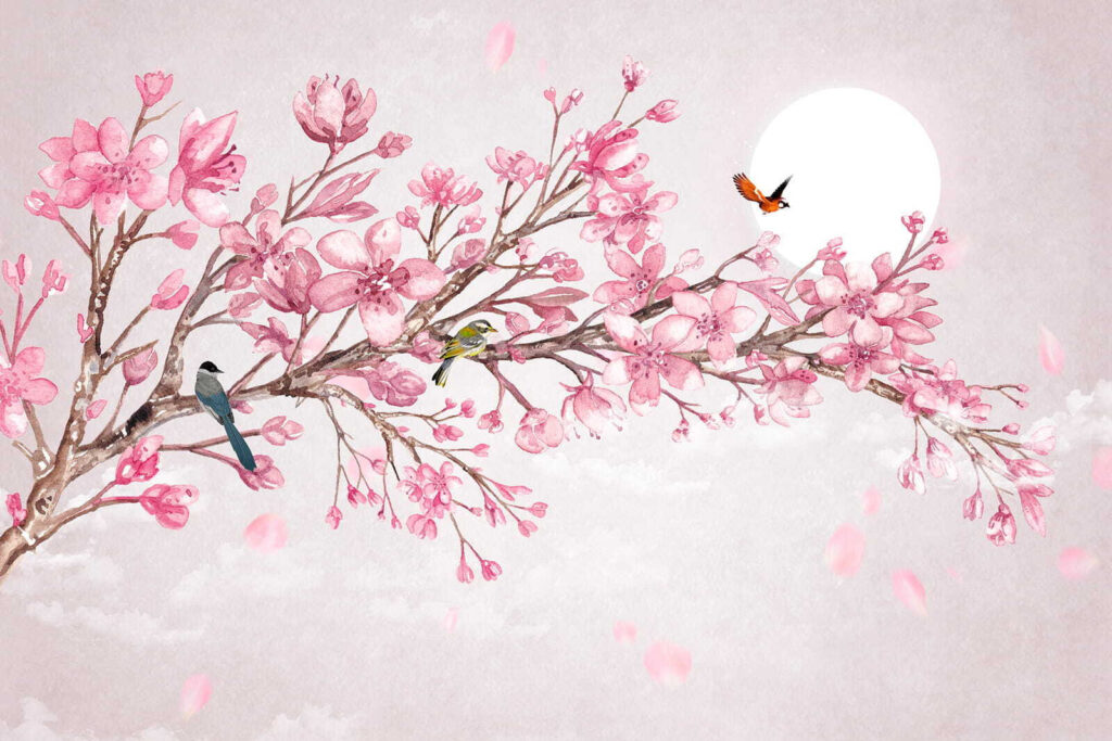 Pintura de um ramo com flores cor-de-rosa e pássaros Pintura de um ramo com flores cor-de-rosa e pássaros