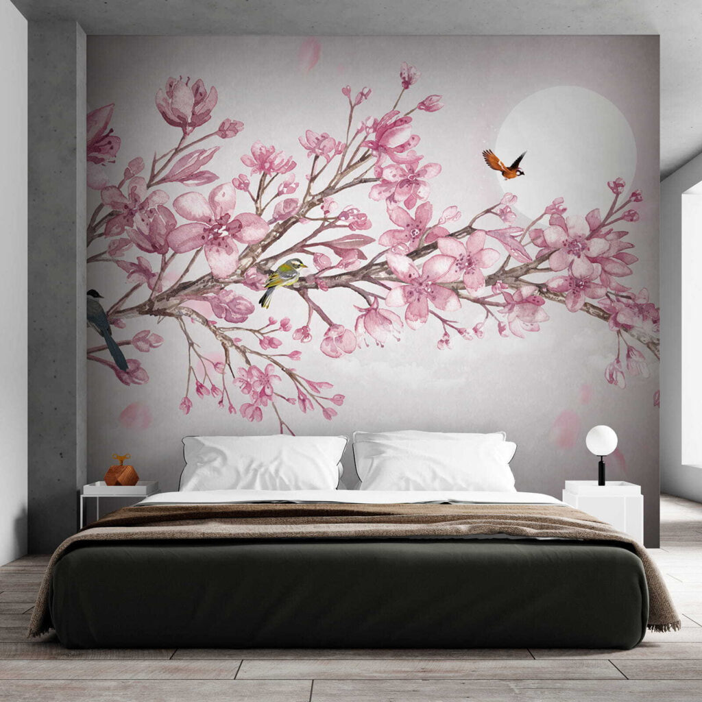 Painting of a branch with pink flowers and birds Painting of a branch with pink flowers and birds