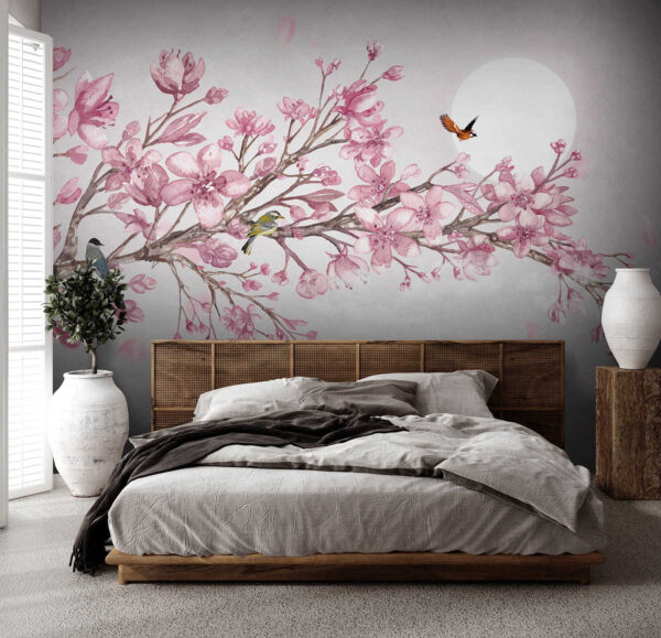 Pintura de um ramo com flores cor-de-rosa e pássaros Pintura de um ramo com flores cor-de-rosa e pássaros