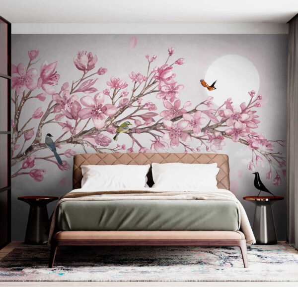 Pintura de um ramo com flores cor-de-rosa e pássaros Pintura de um ramo com flores cor-de-rosa e pássaros