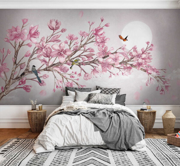 Pintura de um ramo com flores cor-de-rosa e pássaros Pintura de um ramo com flores cor-de-rosa e pássaros