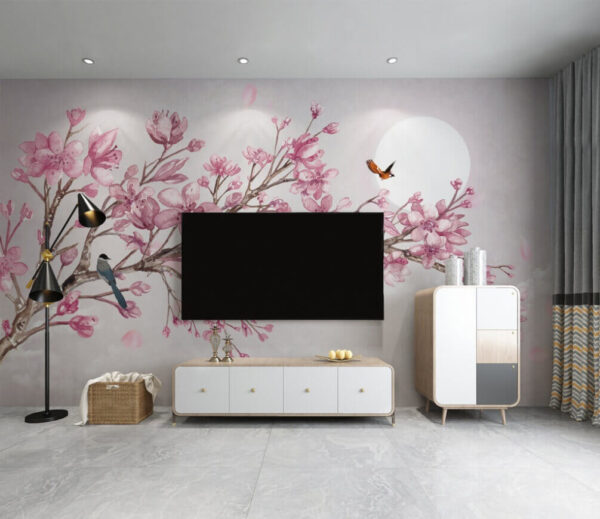 Pintura de um ramo com flores cor-de-rosa e pássaros Pintura de um ramo com flores cor-de-rosa e pássaros
