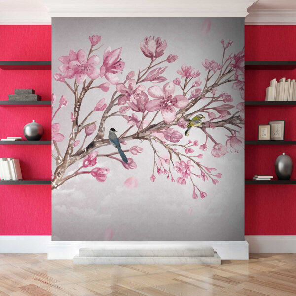 Pintura de um ramo com flores cor-de-rosa e pássaros Pintura de um ramo com flores cor-de-rosa e pássaros