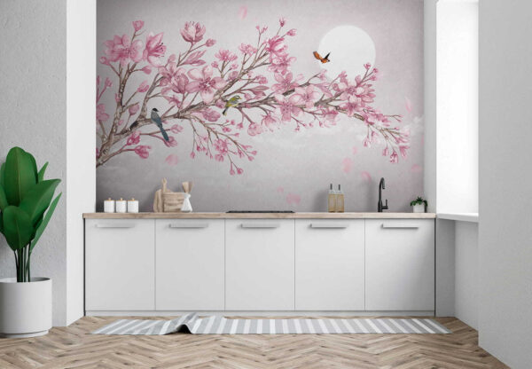 Pintura de um ramo com flores cor-de-rosa e pássaros Pintura de um ramo com flores cor-de-rosa e pássaros