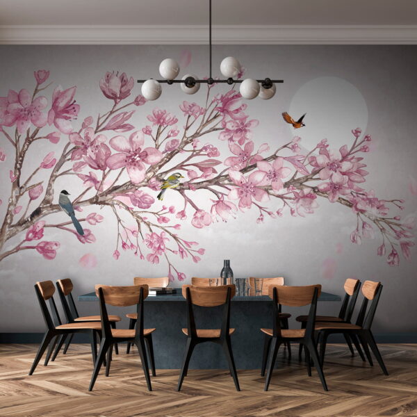 Pintura de um ramo com flores cor-de-rosa e pássaros Pintura de um ramo com flores cor-de-rosa e pássaros