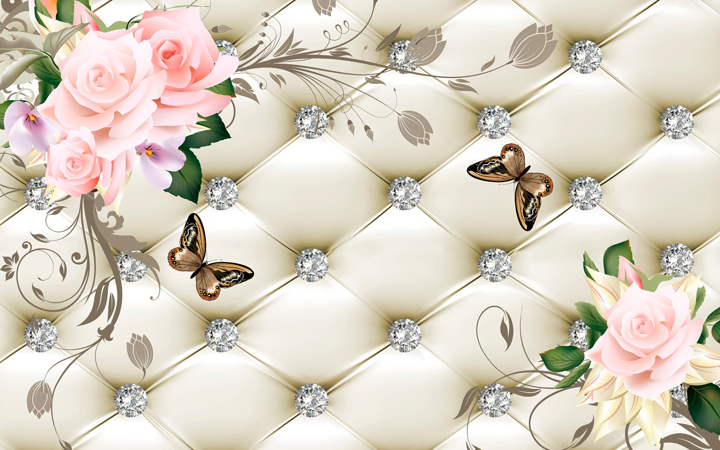 Wallpaper with flowers and butterflies