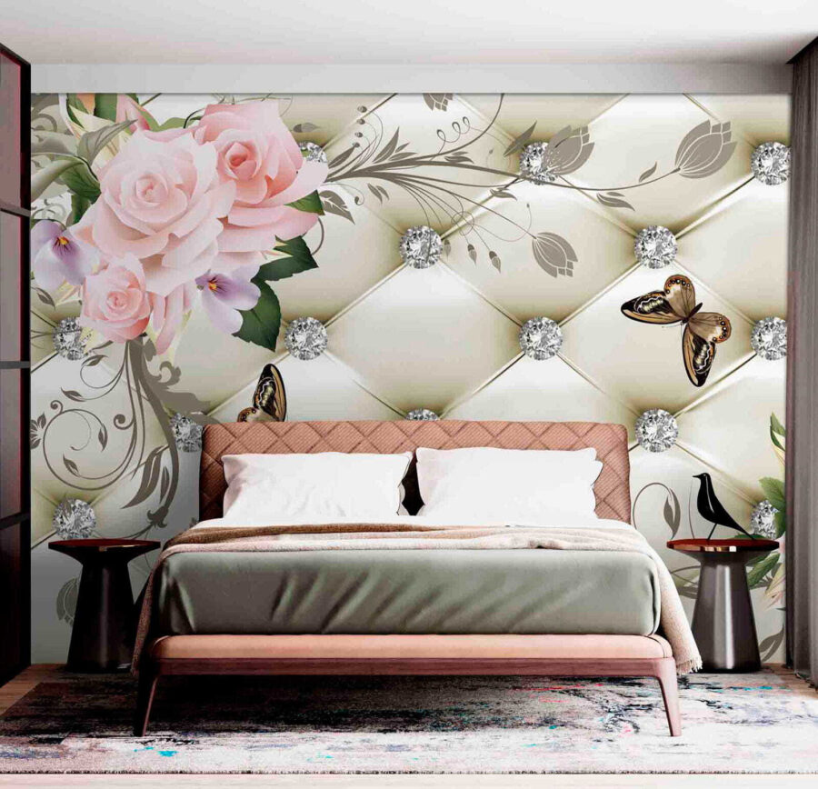 Papel de parede com flores e borboletas