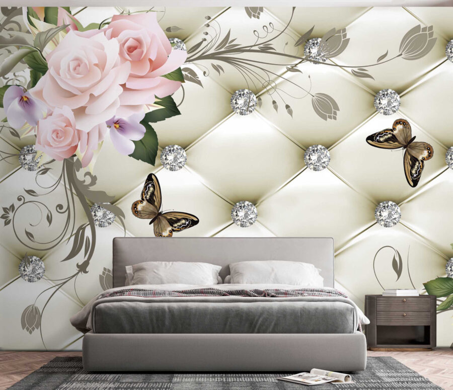 Papel de parede com flores e borboletas