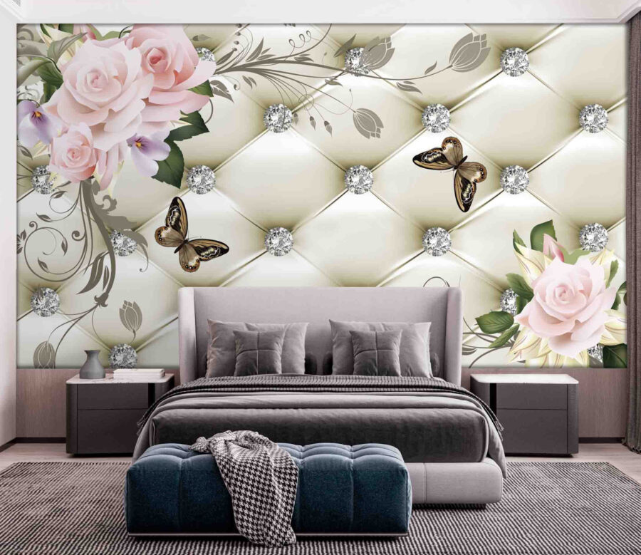 Papel de parede com flores e borboletas