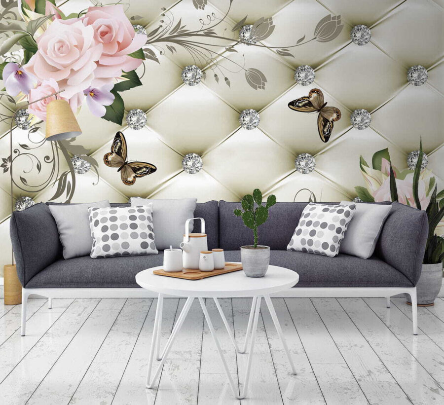 Papel de parede com flores e borboletas