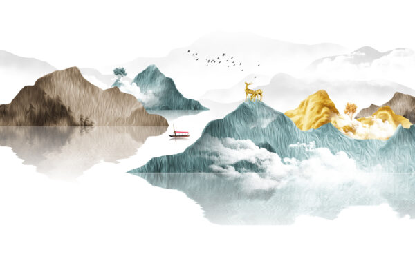 Painting of mountains and boats Painting of mountains and boats