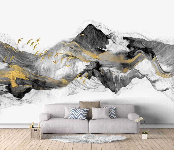 Pintura de montanhas com pássaros a voar Pintura de montanhas com pássaros a voar