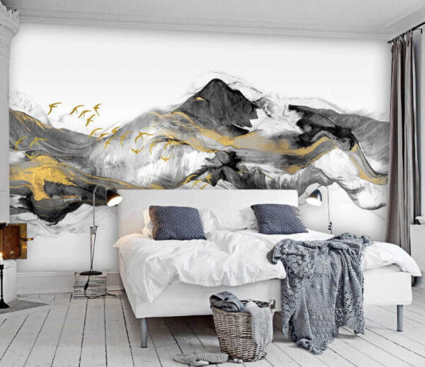 Pintura de montanhas com pássaros a voar Pintura de montanhas com pássaros a voar