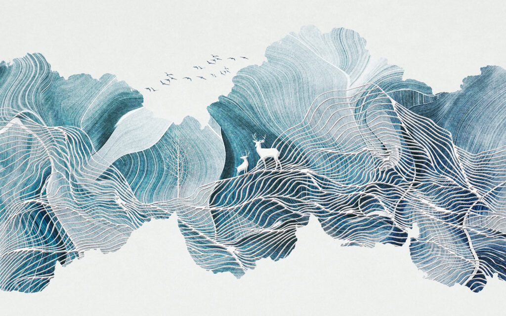 Desenho de uma paisagem com pássaros Desenho de uma paisagem com pássaros