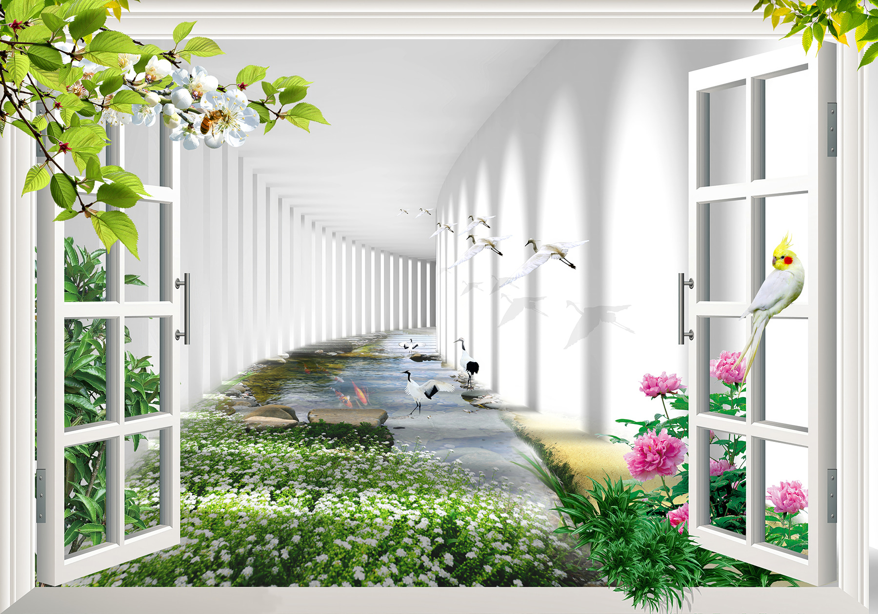 Janela com vista para um lago e flores u06326p - Janela com vista para um lago e flores - tegory