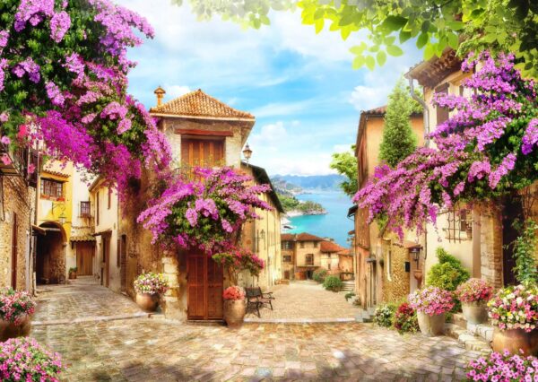 Rua com flores e árvores Rua com flores e árvores