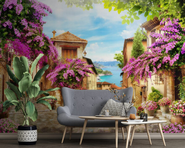 Rua com flores e árvores Rua com flores e árvores
