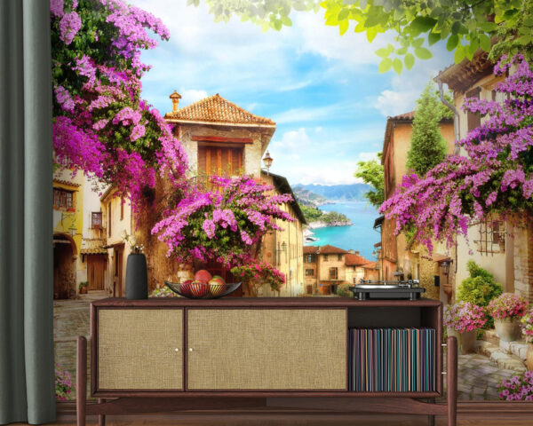 Rua com flores e árvores Rua com flores e árvores