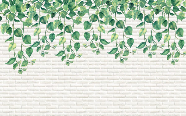 Parede de tijolo branco com folhas verdes Parede de tijolo branco com folhas verdes