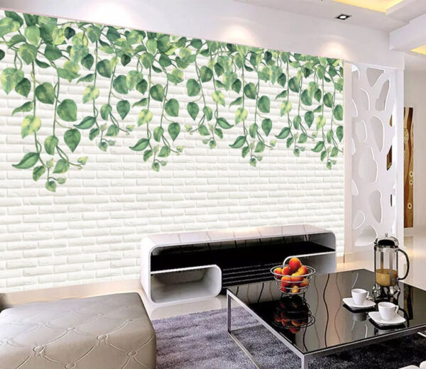 Parede de tijolo branco com folhas verdes Parede de tijolo branco com folhas verdes