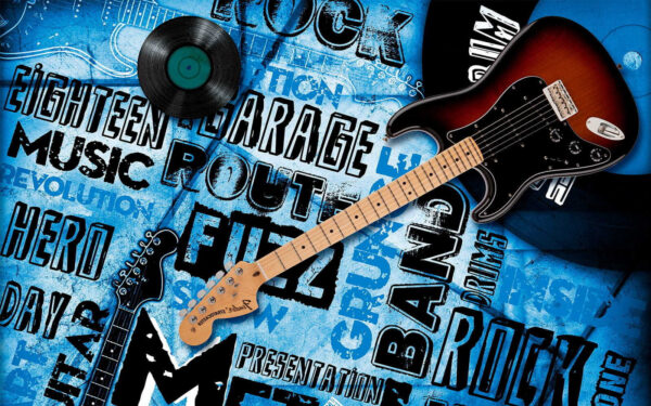 Guitarra e disco sobre um fundo azul Guitarra e disco sobre um fundo azul