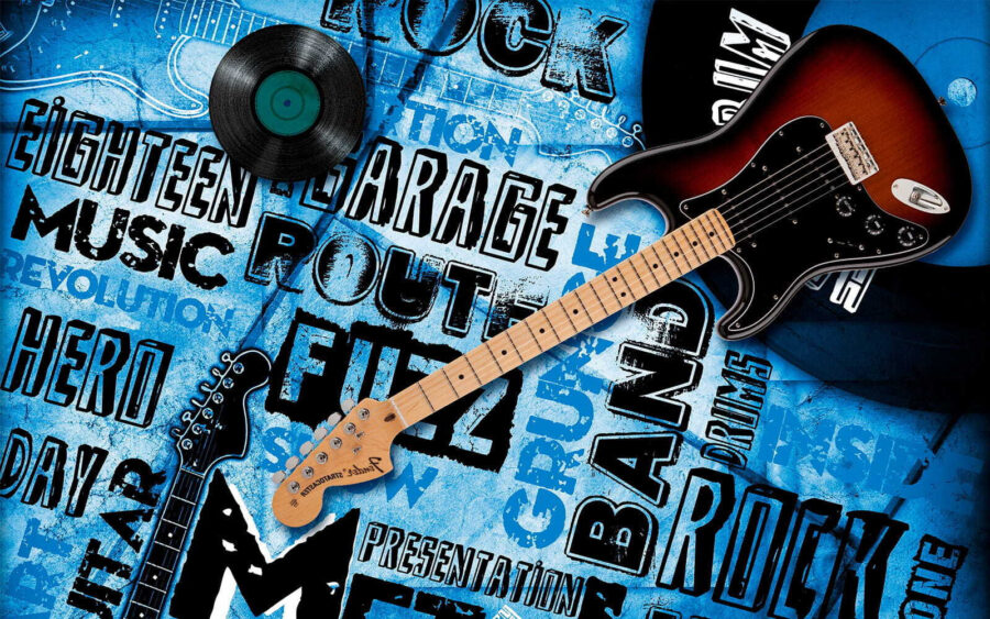 Guitarra e disco sobre um fundo azul