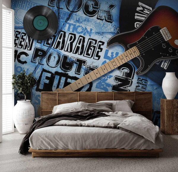 Guitarra e disco sobre um fundo azul Guitarra e disco sobre um fundo azul
