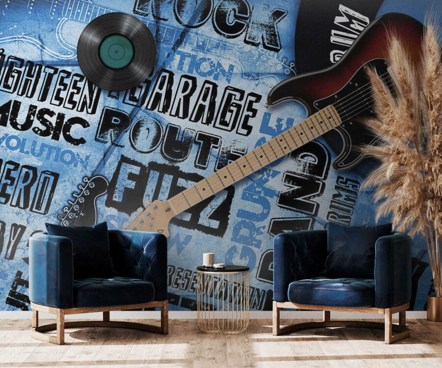 Guitarra e disco sobre um fundo azul