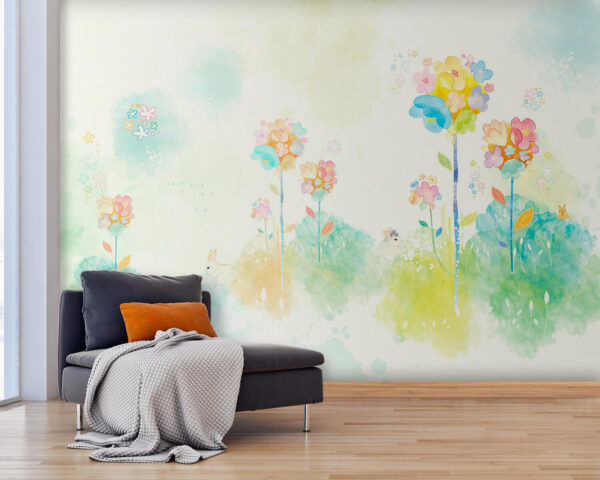 Papel de parede Papel de parede Pintura a aguarela de flores e coelhos (REF: u06835)