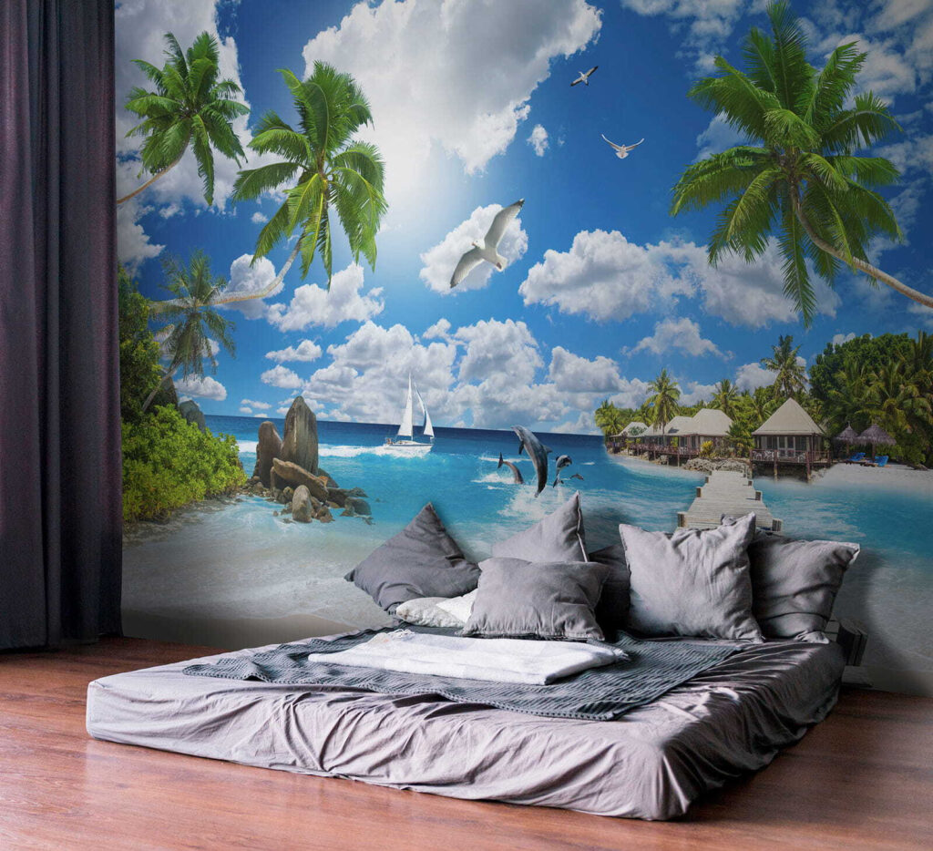 Wooden dock with palm trees and a beach with boats and dolphins Wooden dock with palm trees and a beach with boats and dolphins