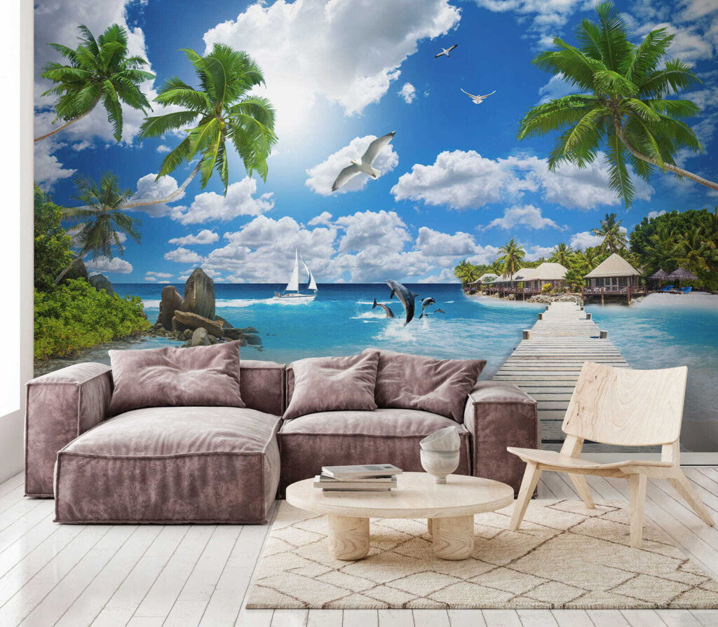 Wooden dock with palm trees and a beach with boats and dolphins Wooden dock with palm trees and a beach with boats and dolphins