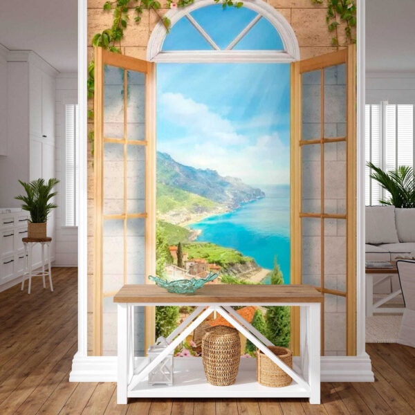 Janela com vista para uma cidade e uma massa de água Janela com vista para uma cidade e uma massa de água