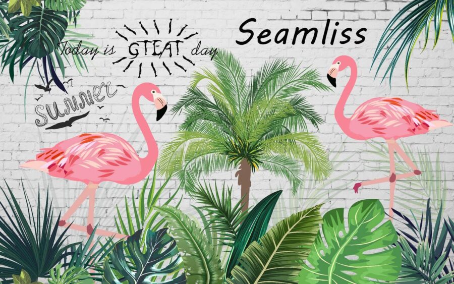 Parede com flamingos e palmeiras