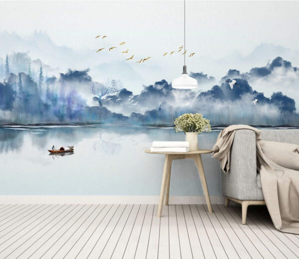 Pintura de um barco na água com pássaros a voar no céu Pintura de um barco na água com pássaros a voar no céu
