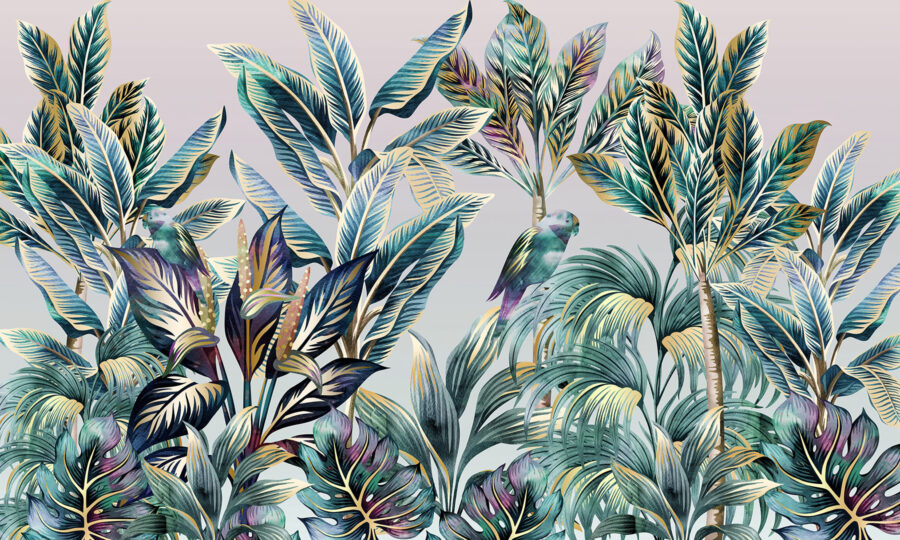 Folhas tropicais com pássaros escondidos.