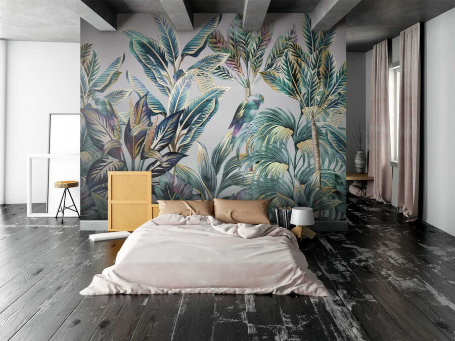 Folhas tropicais com pássaros escondidos.