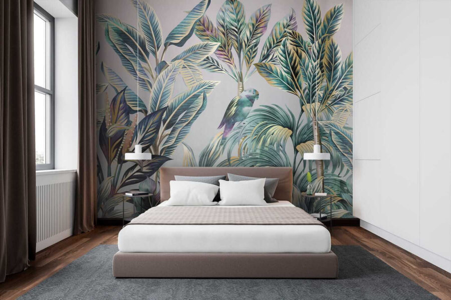 Folhas tropicais com pássaros escondidos.