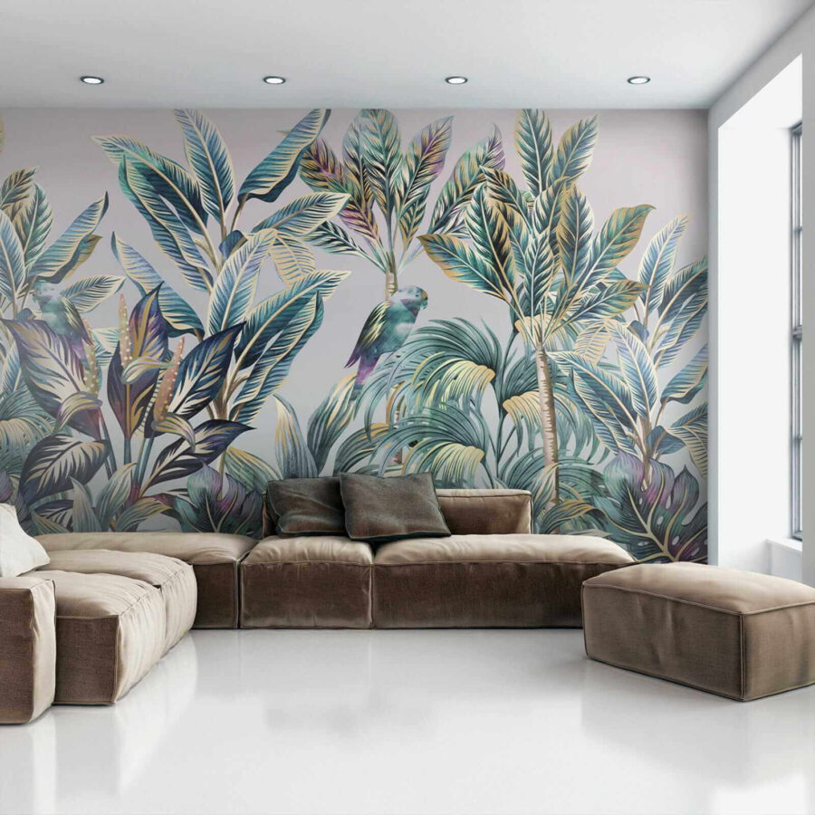 Folhas tropicais com pássaros escondidos.