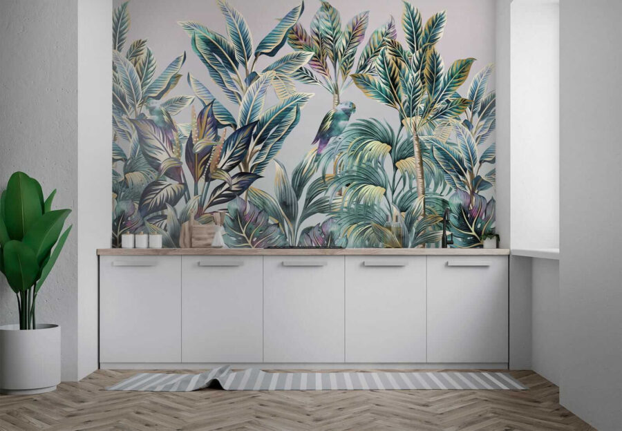 Folhas tropicais com pássaros escondidos.