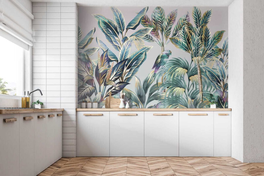 Folhas tropicais com pássaros escondidos.
