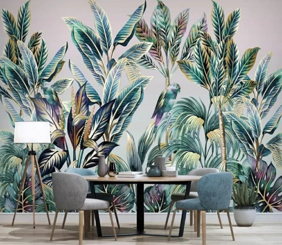 Folhas tropicais com pássaros escondidos.